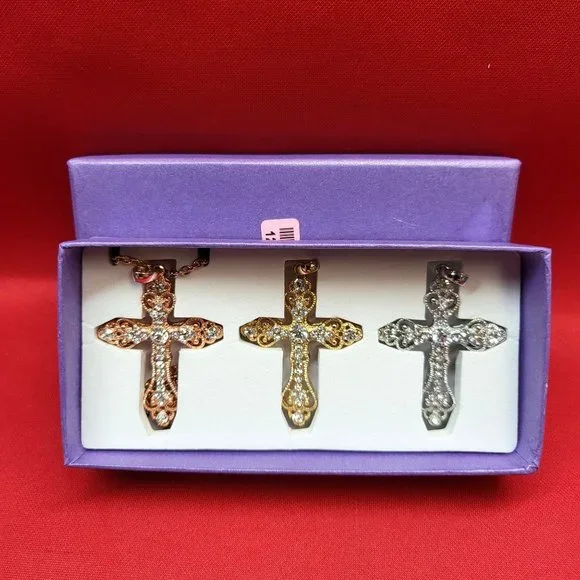 Tricolor Chain and Cross Pendant Set of 3
